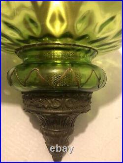 Vtg Mid Century Hanging Ornate Swag Light Lamp Green Glass Globe Diffuser