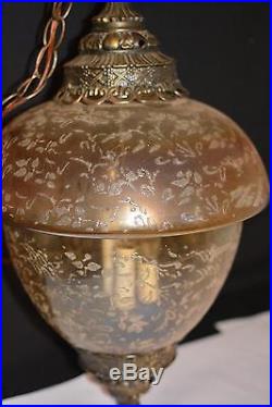 Vtg Mid Century Hanging Swag Lamp Amber ETch Floral Glass Hollywood Regency