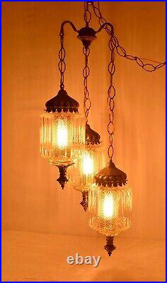 Vtg Mid Century / Hollywood Regency 3-Tier Glass Hanging Swag Lamp Light fixture
