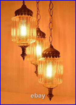 Vtg Mid Century / Hollywood Regency 3-Tier Glass Hanging Swag Lamp Light fixture