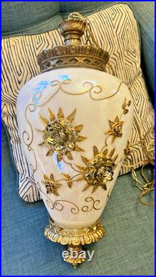 Vtg Mid Century Hollywood Regency Milk Glass Carl Falkenstein Hanging Swag Lamp