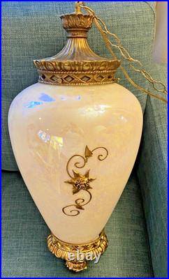 Vtg Mid Century Hollywood Regency Milk Glass Carl Falkenstein Hanging Swag Lamp