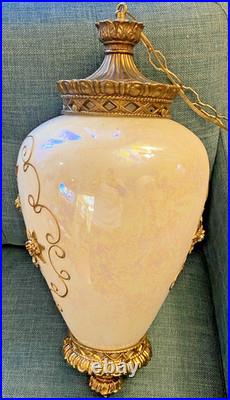 Vtg Mid Century Hollywood Regency Milk Glass Carl Falkenstein Hanging Swag Lamp