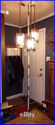Vtg Mid Century/ Hollywood Regency TENSION POLE FLOOR Hanging LAMP Tole Gold/Wht