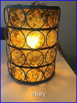 Vtg Mid Century Metal Caged Hanging Swag Light Lamp Amber Mottled, MCM 12 X 9