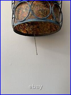 Vtg Mid Century Metal Caged Hanging Swag Light Lamp Amber Mottled, MCM 12 X 9
