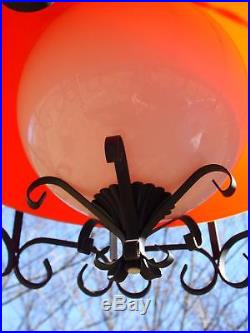 Vtg Mid Century Modern Black Wrought Iron Orange Dome Swag Lamp Hanging Light