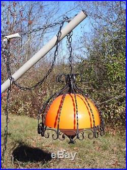 Vtg Mid Century Modern Black Wrought Iron Orange Dome Swag Lamp Hanging Light