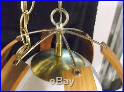 Vtg Mid Century Modern Danish Modern Hanging Teak Brass Glass Orb Swag Lamp