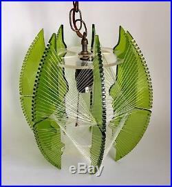 Vtg Mid Century Modern Mod Green Lucite Swag Lamp String Woven Light Hanging