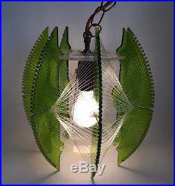 Vtg Mid Century Modern Mod Green Lucite Swag Lamp String Woven Light Hanging