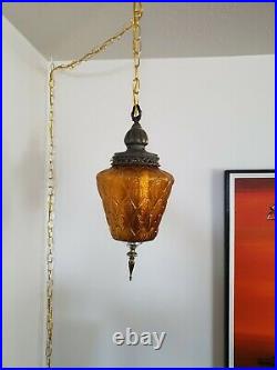 Vtg Mid Century Modern SWAG hanging Lamp Amber Glass & Brass 17