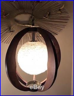 Vtg Mid Century Modern Teak Wood Spun Lucite Swag Hanging Light Lamp Danish