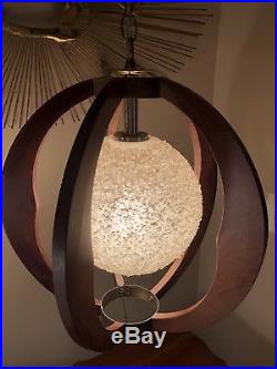 Vtg Mid Century Modern Teak Wood Spun Lucite Swag Hanging Light Lamp Danish