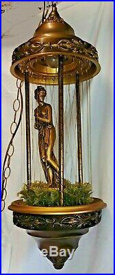 Vtg Mid Century Oil Rain Swag Hanging Lamp Light Nude Lady Goddess Pillar Large