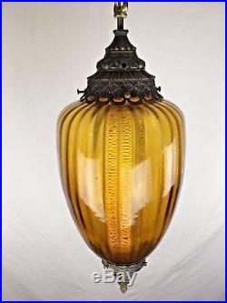 Vtg Mid Century Ornate Hanging Chain Shade Large Glass Lamp