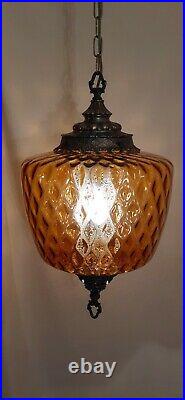Vtg Mid Century Retro Hanging Swag Light/Lamp Amber Diamond Glass Design