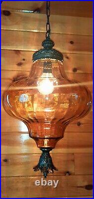 Vtg Mid Century Retro Hanging Swag Light/Lamp Amber Smooth Bubble Glass Design