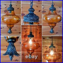 Vtg Mid Century Retro Hanging Swag Light/Lamp Amber Smooth Bubble Glass Design