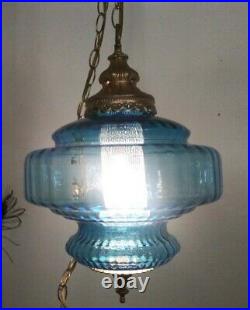 Vtg Mid Century Retro Hanging Swag Light Lamp Blue EF SMITH Glass