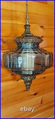 Vtg Mid Century Retro Hanging Swag Light/Lamp Blue Glass Design