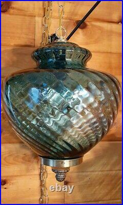 Vtg Mid Century Retro Hanging Swag Light/Lamp Blue Swirl Glass Design