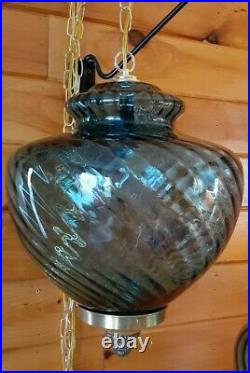 Vtg Mid Century Retro Hanging Swag Light/Lamp Blue Swirl Glass Design