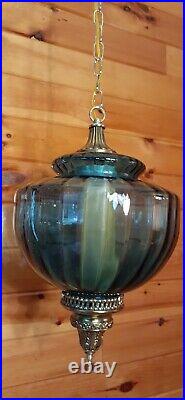 Vtg Mid Century Retro Hanging Swag Light/Lamp Dark Blue Glass Design