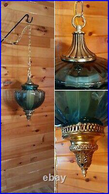 Vtg Mid Century Retro Hanging Swag Light/Lamp Dark Blue Glass Design