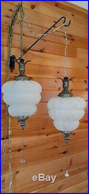 Vtg Mid Century Retro Hanging Swag Light/Lamp Frosted Crackle Glass 2 Available