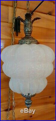 Vtg Mid Century Retro Hanging Swag Light/Lamp Frosted Crackle Glass 2 Available