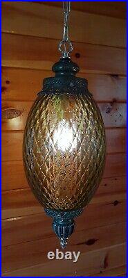 Vtg Mid Century Retro Hanging Swag Light/Lamp Green Diamond Glass Design
