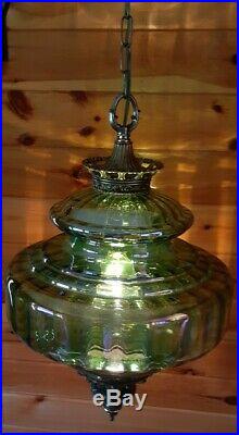 Vtg Mid Century Retro Iridescent Green Glass Hanging Swag Light/Lamp