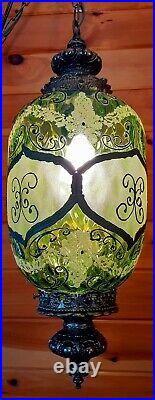 Vtg Mid Century Retro Stenciled Green Glass Hanging Swag Light/Lamp