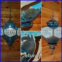 Vtg Mid Century Retro Wavy Blue Designer Glass Hanging Swag Light/Lamp