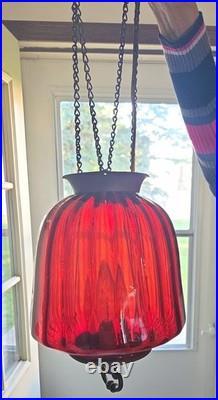 Vtg Mid Century Ruby Red Cranberry Glass Ribbed Swag Lamp Hanging Pendant Light Vtg Mid Century Ruby Red Cranberry Glass Ribbed Swag Lamp Hanging Pendant Light