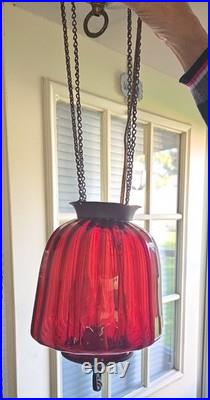 Vtg Mid Century Ruby Red Cranberry Glass Ribbed Swag Lamp Hanging Pendant Light