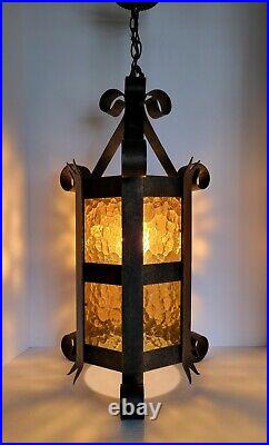 Vtg Mid Century Spanish Style Iron Scroll and Amber Glass Panels Ceiling light