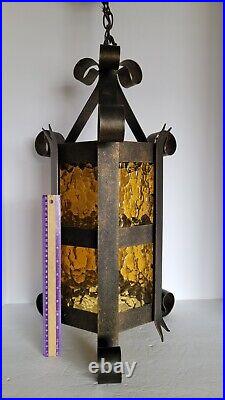 Vtg Mid Century Spanish Style Iron Scroll and Amber Glass Panels Ceiling light