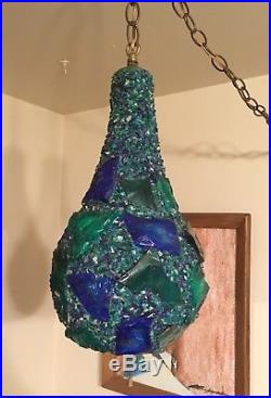 Vtg Mid Century Swag Lamp Blue Green Hanging Light CHUNKY Lucite Plastic Gourd