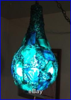 Vtg Mid Century Swag Lamp Blue Green Hanging Light CHUNKY Lucite Plastic Gourd