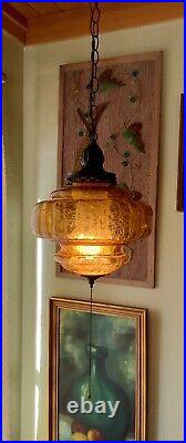 Vtg Mid Century modern Retro Hanging Swag Light Lamp Amber Glass globe mcm