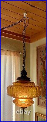 Vtg Mid Century modern Retro Hanging Swag Light Lamp Amber Glass globe mcm