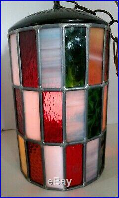 Vtg Mod Swag Lamp 48 Stained&slag Glass Panels Leaded Hanging Light MID Century