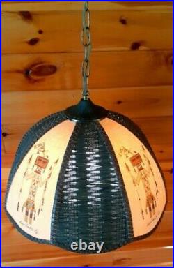Vtg Navajo Female Yei 1950'S Rattan Boho Wicker Dome Hanging Swag Light Fixture