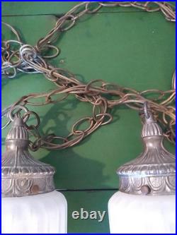 Vtg Opalescent Double Pendant Swag Lamp Lantern STLYE Hollywood Regency 60's