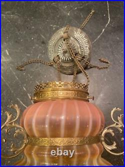 Vtg Org Spectacular Art Glass Pink w Stripes Shade Kerosene Hanging Lamp