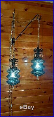 Vtg Pair 2 MCM Retro Hanging Swag Light/Lamp Blue Diamond Glass Design