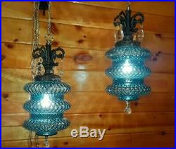 Vtg Pair 2 MCM Retro Hanging Swag Light/Lamp Blue Diamond Glass Design