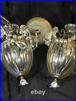Vtg Pair Hanging Pendant Lamps Chandelier Ceiling Lights With 6 Glass Prisims